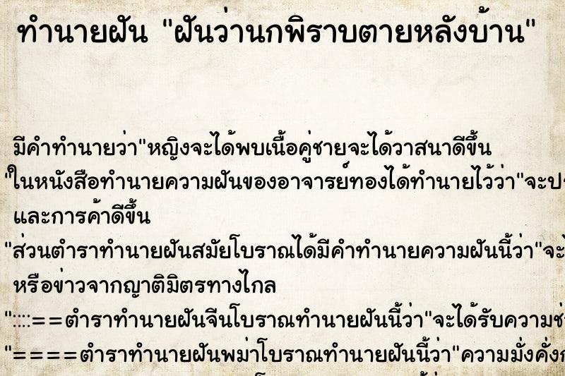 ทำนายฝันฝันว่านกพิราบตายหลังบ้าน ทำนายฝันทำนายฝันฝันว่านกพิราบตายหลังบ้าน