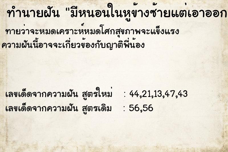 ทำนายฝันทำนายฝันมีหนอนในหูข้างซ้ายแต่เอาออกมาได้