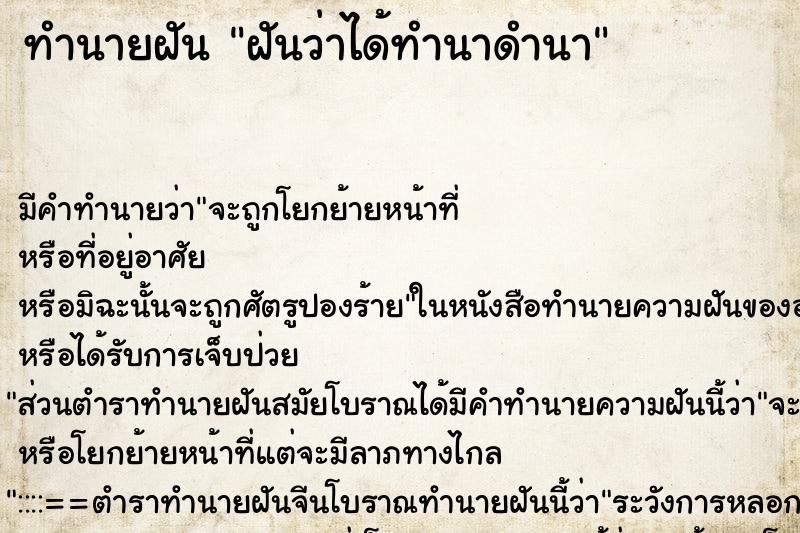 ทำนายฝัน ฝันว่าได้ทำนาดำนา ทำนายฝัน ฝันว่าได้ทำนาดำนา