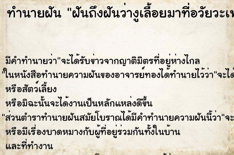ทำนายฝัน ฝันถึงฝันว่างูเลื้อยมาที่อวัยวะเพศ ทำนายฝัน ฝันถึงฝันว่างูเลื้อยมาที่อวัยวะเพศ