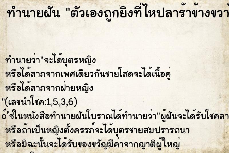 ทำนายฝัน ตัวเองถูกยิงที่ไหปลาร้าข้างขวาไม่ตาย ทำนายฝัน ตัวเองถูกยิงที่ไหปลาร้าข้างขวาไม่ตาย