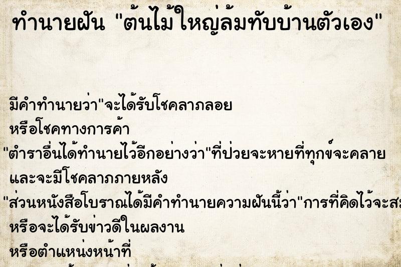 ทำนายฝัน ต้นไม้ใหญ่ล้มทับบ้านตัวเอง ทำนายฝัน ต้นไม้ใหญ่ล้มทับบ้านตัวเอง