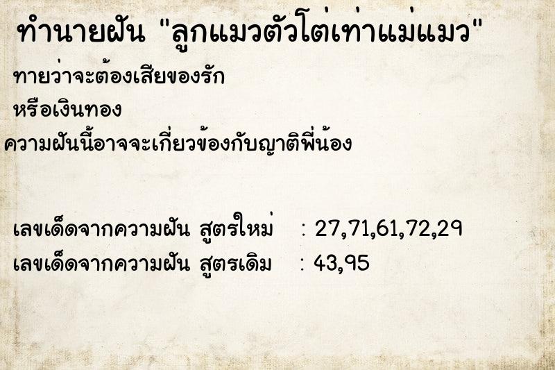ทำนายฝันลูกแมวตัวโต่เท่าแม่แมว ทำนายฝันทำนายฝันลูกแมวตัวโต่เท่าแม่แมว