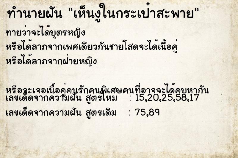 ทำนายฝันทำนายฝันเห็นงูในกระเป๋าสะพาย