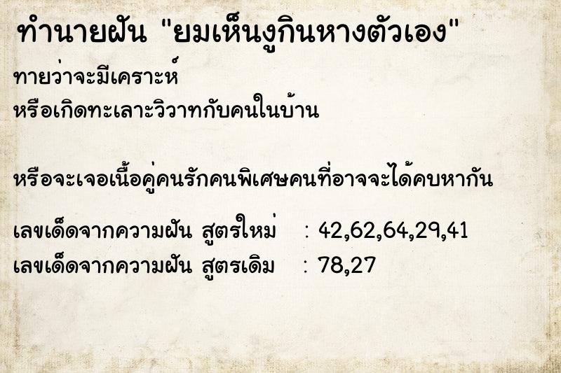 ทำนายฝันยมเห็นงูกินหางตัวเอง ทำนายฝันทำนายฝันยมเห็นงูกินหางตัวเอง