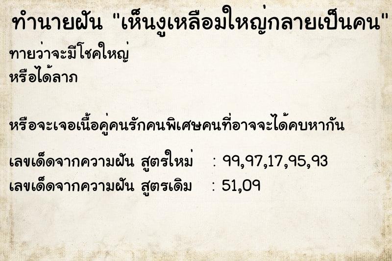 ทำนายฝันเห็นงูเหลือมใหญ่กลายเป็นคน ทำนายฝันทำนายฝันเห็นงูเหลือมใหญ่กลายเป็นคน