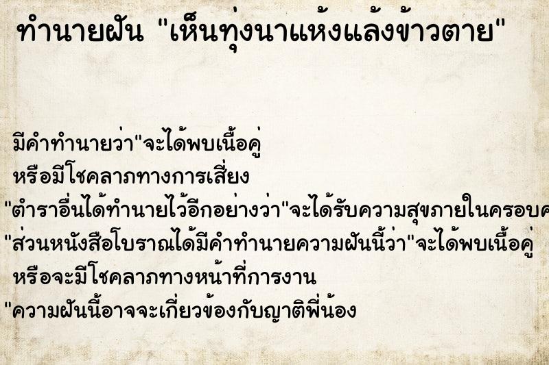 ทำนายฝัน เห็นทุ่งนาแห้งแล้งข้าวตาย ทำนายฝัน เห็นทุ่งนาแห้งแล้งข้าวตาย