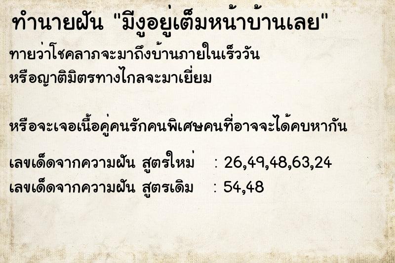 ทำนายฝันมีงูอยู่เต็มหน้าบ้านเลย ทำนายฝันทำนายฝันมีงูอยู่เต็มหน้าบ้านเลย