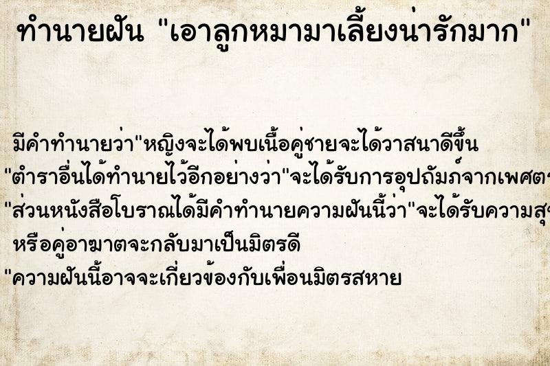 ทำนายฝัน เอาลูกหมามาเลี้ยงน่ารักมาก ตำราโบราณ แม่นที่สุดในโลก