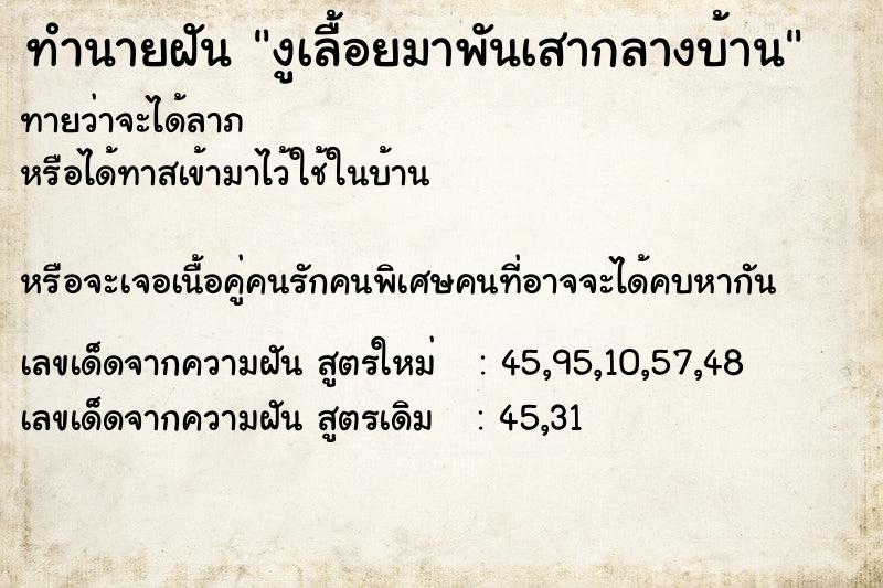 ทำนายฝันงูเลื้อยมาพันเสากลางบ้าน ทำนายฝันทำนายฝันงูเลื้อยมาพันเสากลางบ้าน