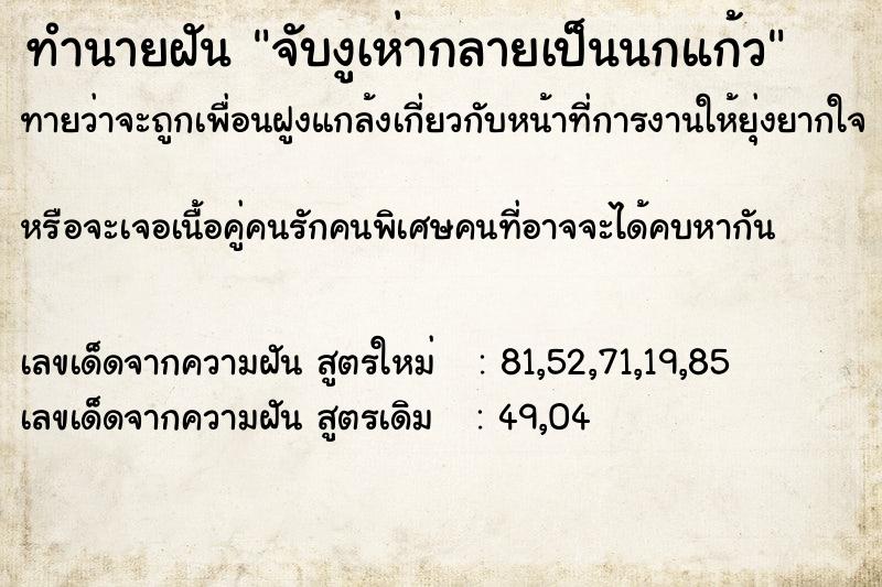ทำนายฝัน จับงูเห่ากลายเป็นนกแก้ว