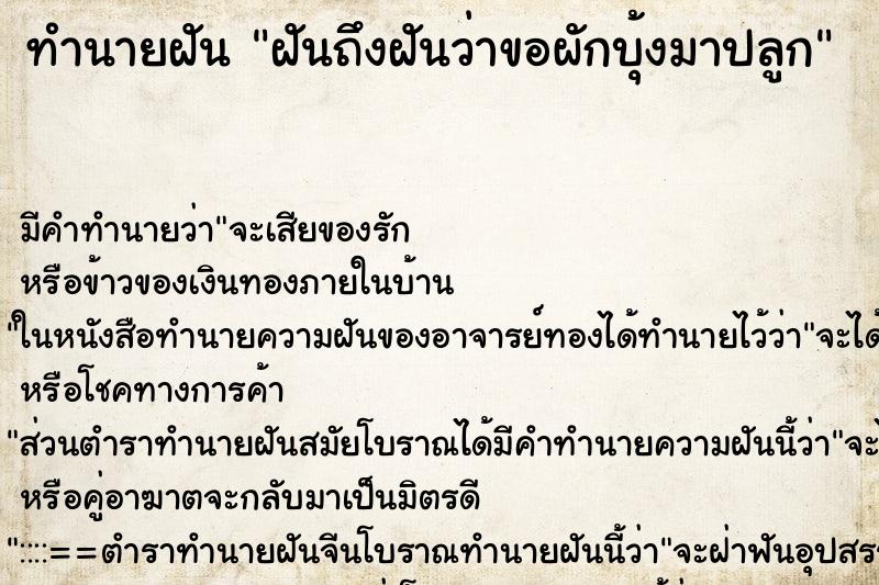 ทำนายฝันฝันถึงฝันว่าขอผักบุ้งมาปลูก ทำนายฝันทำนายฝันฝันถึงฝันว่าขอผักบุ้งมาปลูก