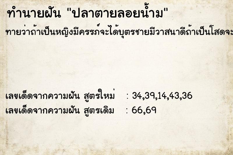 ทำนายฝันปลาตายลอยน้ำม ทำนายฝันทำนายฝันปลาตายลอยน้ำม