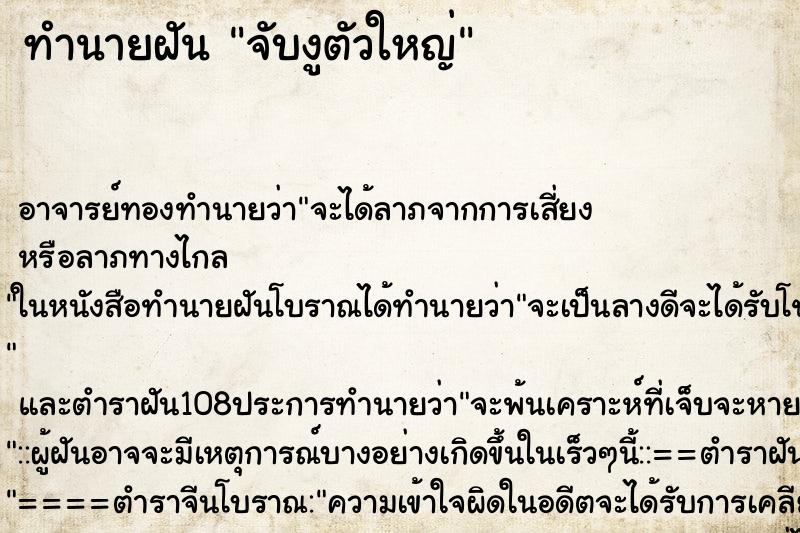 ทำนายฝัน จับงูตัวใหญ่ ตำราโบราณ แม่นที่สุดในโลก