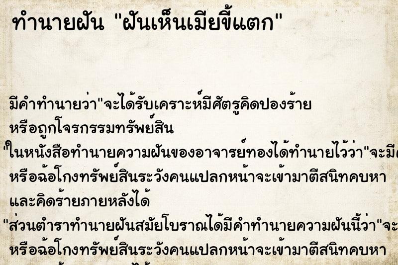 ทำนายฝัน ฝันเห็นเมียขี้แตก ทำนายฝัน ฝันเห็นเมียขี้แตก