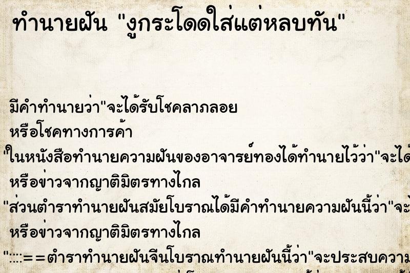 ทำนายฝัน งูกระโดดใส่แต่หลบทัน ทำนายฝัน งูกระโดดใส่แต่หลบทัน
