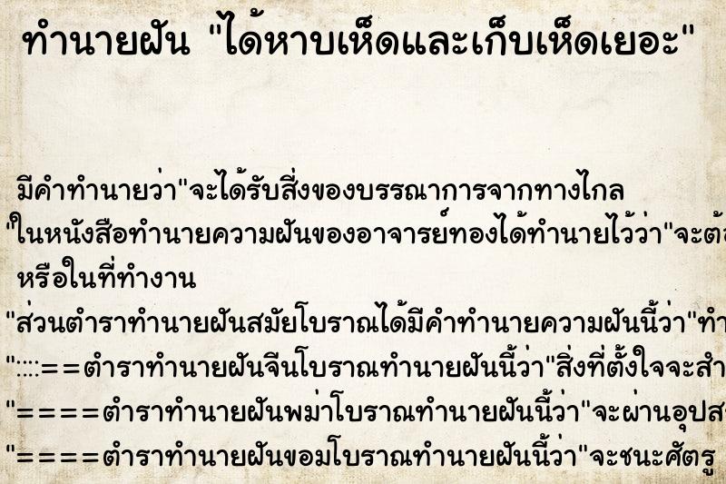 ทำนายฝันได้หาบเห็ดและเก็บเห็ดเยอะ ทำนายฝันทำนายฝันได้หาบเห็ดและเก็บเห็ดเยอะ