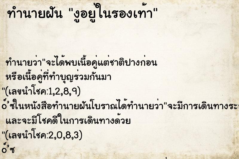 ทำนายฝัน งูอยู่ในรองเท้า ทำนายฝัน งูอยู่ในรองเท้า