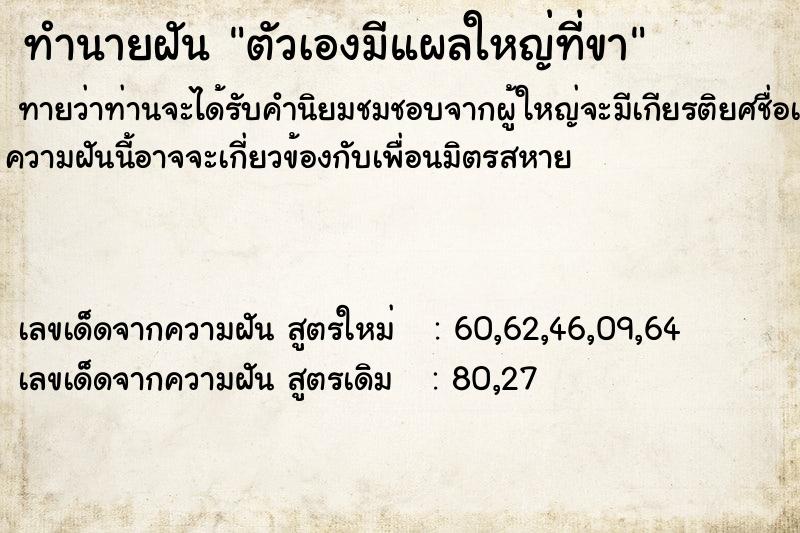 ทำนายฝันตัวเองมีแผลใหญ่ที่ขา ทำนายฝันทำนายฝันตัวเองมีแผลใหญ่ที่ขา