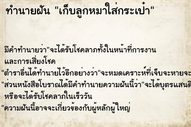 ทำนายฝัน เก็บลูกหมาใส่กระเป๋า