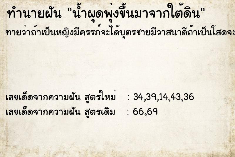 ทำนายฝันน้ำผุดพุ่งขึ้นมาจากใต้ดิน ทำนายฝันทำนายฝันน้ำผุดพุ่งขึ้นมาจากใต้ดิน