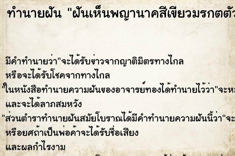 ทำนายฝันฝันเห็นพญานาคสีเขียวมรกตตัวผู้กับตัวเมีย ทำนายฝันทำนายฝันฝันเห็นพญานาคสีเขียวมรกตตัวผู้กับตัวเมีย