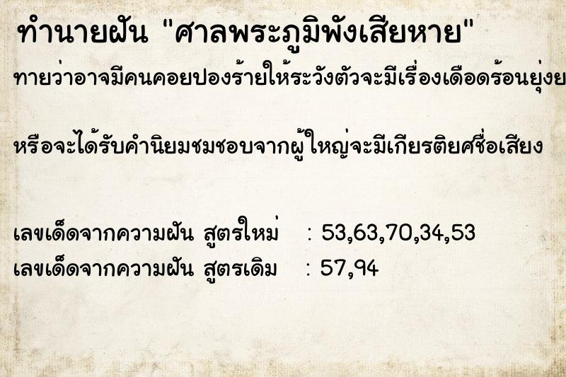 ทำนายฝันทำนายฝันศาลพระภูมิพังเสียหาย