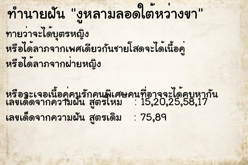 ทำนายฝันทำนายฝันงูหลามลอดใต้หว่างขา