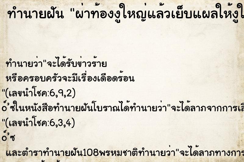 ทำนายฝันทำนายฝันผ่าท้องงูใหญ่แล้วเย็บแผลให้งูใหญ่