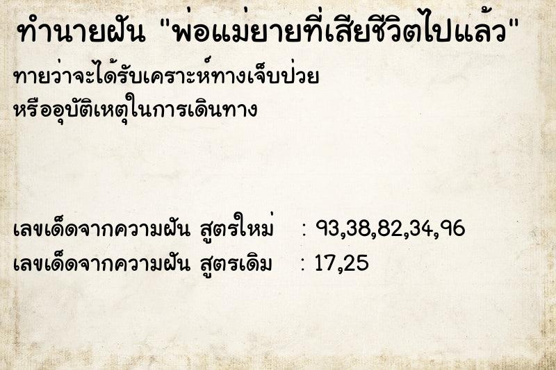 ทำนายฝันทำนายฝันพ่อแม่ยายที่เสียชีวิตไปแล้ว