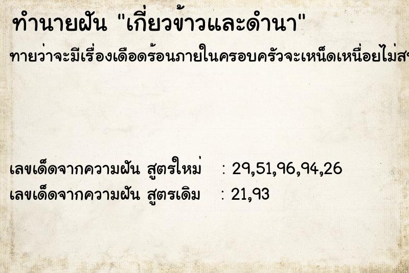 ทำนายฝัน เกี่ยวข้าวและดำนา ทำนายฝัน เกี่ยวข้าวและดำนา