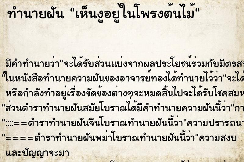 ทำนายฝัน เห็นงูอยู่ในโพรงต้นไม้ ทำนายฝัน เห็นงูอยู่ในโพรงต้นไม้