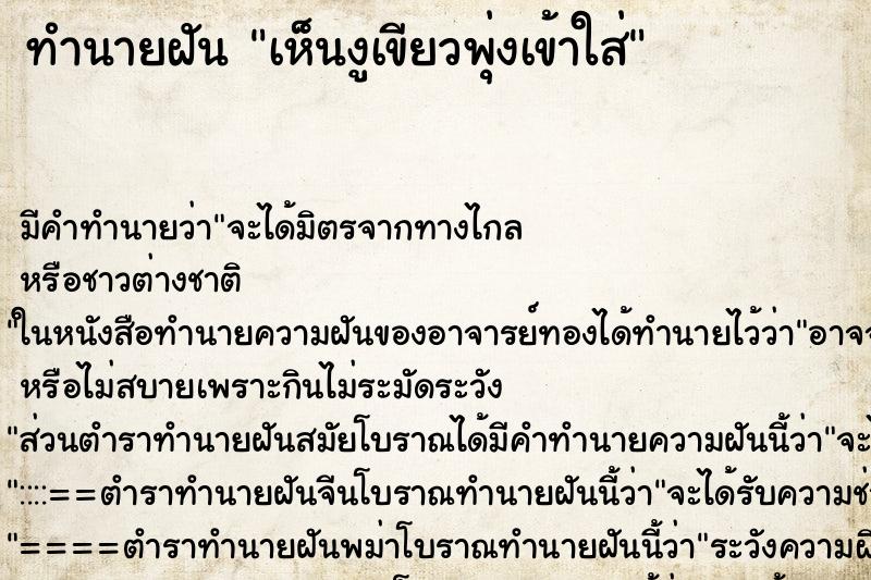 ทำนายฝัน เห็นงูเขียวพุ่งเข้าใส่ ทำนายฝัน เห็นงูเขียวพุ่งเข้าใส่