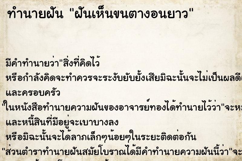ทำนายฝันฝันเห็นขนตางอนยาว ทำนายฝันทำนายฝันฝันเห็นขนตางอนยาว