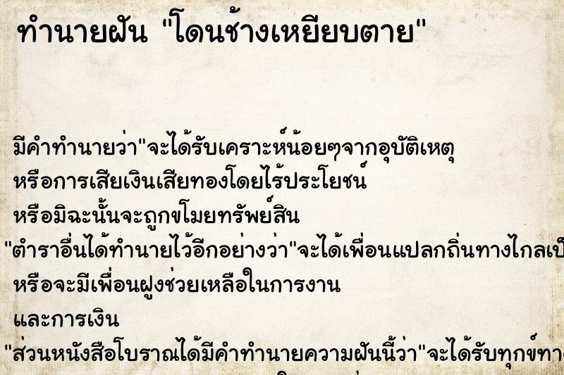 ทำนายฝัน โดนช้างเหยียบตาย ทำนายฝัน โดนช้างเหยียบตาย