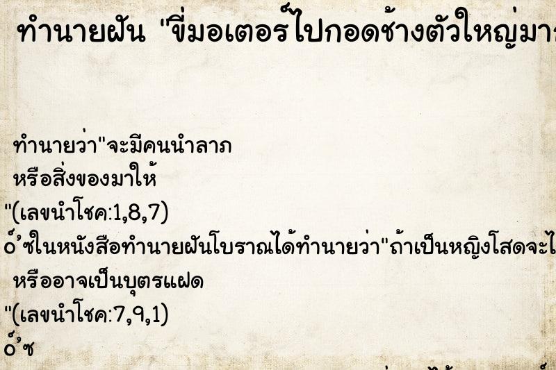 ทำนายฝันทำนายฝันขี่มอเตอร์ไปกอดช้างตัวใหญ่มากค่ะ