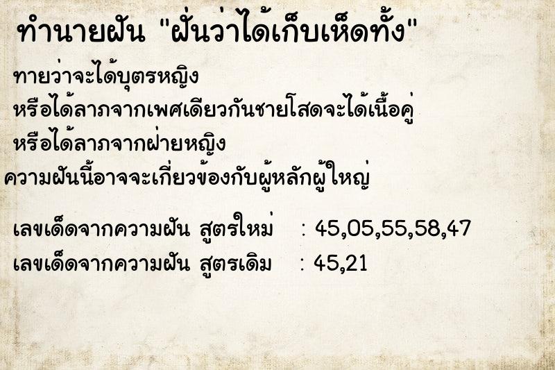 ทำนายฝันทำนายฝันฝั่นว่าได้เก็บเห็ดทั้ง