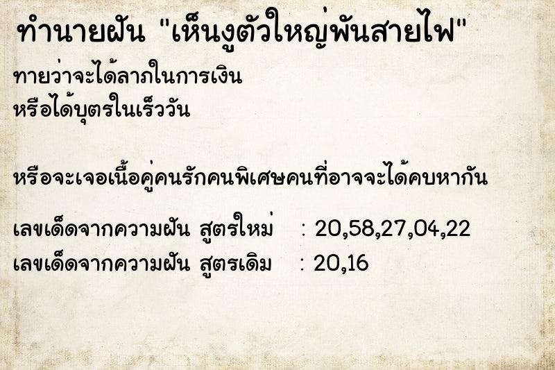 ทำนายฝัน เห็นงูตัวใหญ่พันสายไฟ ทำนายฝัน เห็นงูตัวใหญ่พันสายไฟ