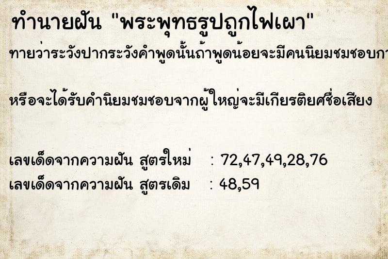 ทำนายฝันพระพุทธรูปถูกไฟเผา ทำนายฝันทำนายฝันพระพุทธรูปถูกไฟเผา
