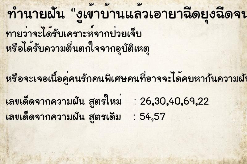 ทำนายฝันทำนายฝันงูเข้าบ้านแล้วเอายาฉีดยุงฉีดจนงูตาย