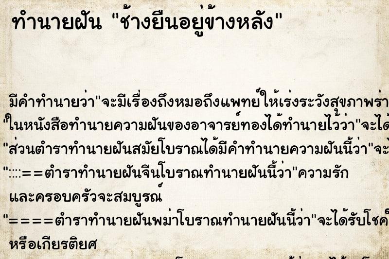ทำนายฝัน ช้างยืนอยู่ข้างหลัง ทำนายฝัน ช้างยืนอยู่ข้างหลัง