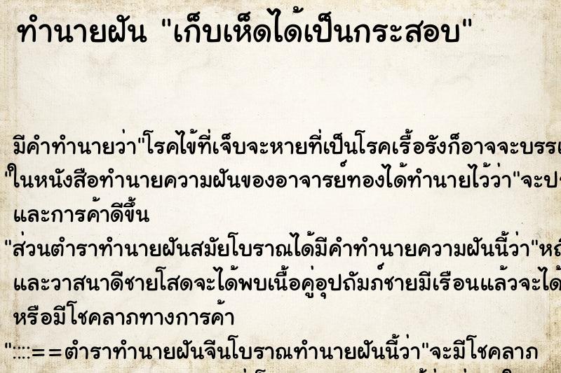 ทำนายฝัน เก็บเห็ดได้เป็นกระสอบ ทำนายฝัน เก็บเห็ดได้เป็นกระสอบ