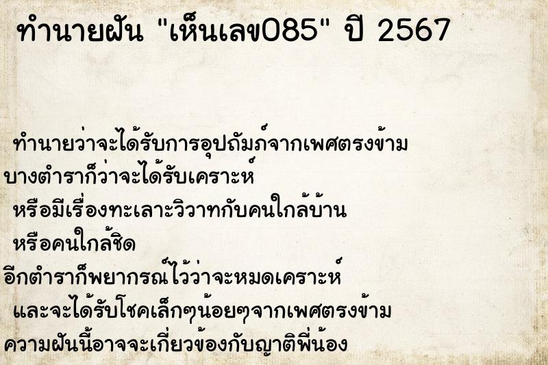 ทำนายฝันเห็นเลข085 ทำนายฝันทำนายฝันเห็นเลข085