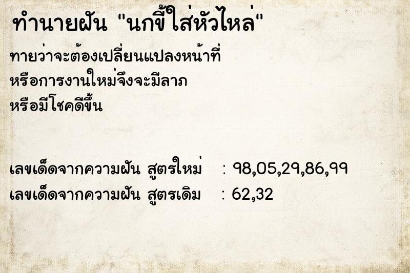 ทำนายฝันนกขี้ใส่หัวไหล่ ทำนายฝันทำนายฝันนกขี้ใส่หัวไหล่