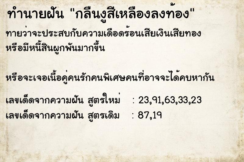 ทำนายฝันกลืนงูสีเหลืองลงท้อง ทำนายฝันทำนายฝันกลืนงูสีเหลืองลงท้อง