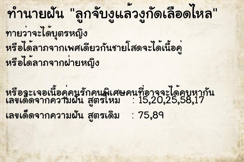 ทำนายฝันลูกจับงูแล้วงูกัดเลือดไหล ทำนายฝันทำนายฝันลูกจับงูแล้วงูกัดเลือดไหล