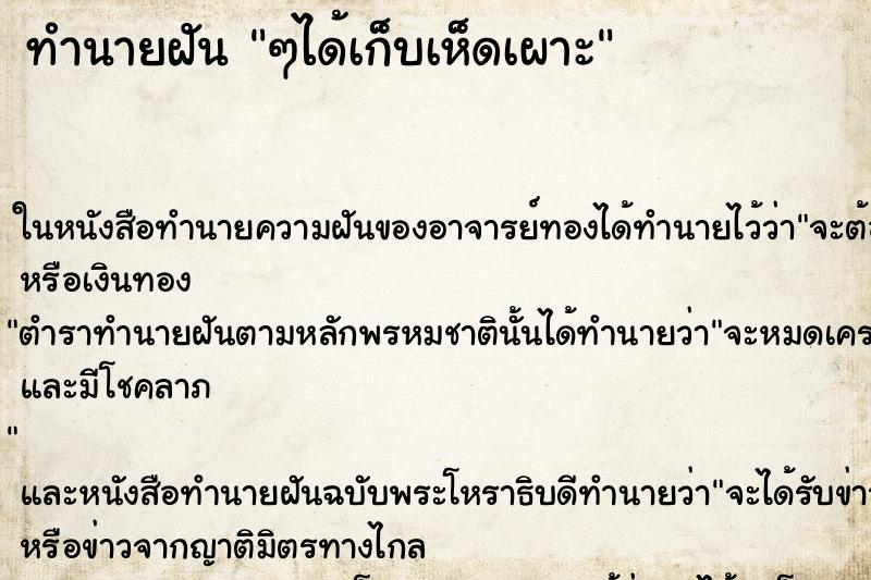 ทำนายฝัน ๆได้เก็บเห็ดเผาะ ทำนายฝัน ๆได้เก็บเห็ดเผาะ