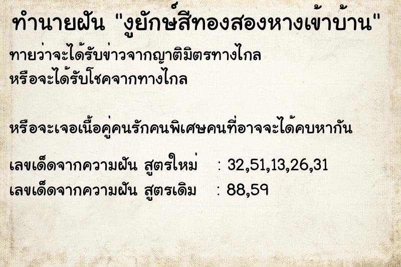 ทำนายฝันงูยักษ์สีทองสองหางเข้าบ้าน ทำนายฝันทำนายฝันงูยักษ์สีทองสองหางเข้าบ้าน