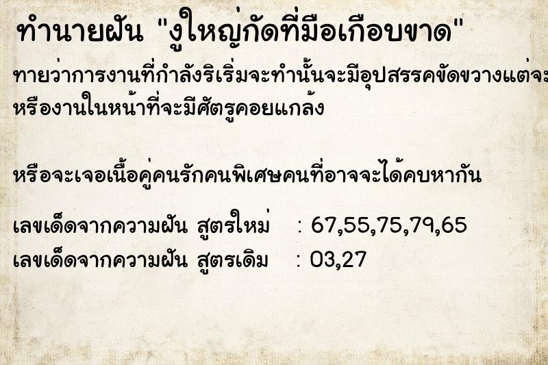 ทำนายฝัน งูใหญ่กัดที่มือเกือบขาด ทำนายฝัน งูใหญ่กัดที่มือเกือบขาด