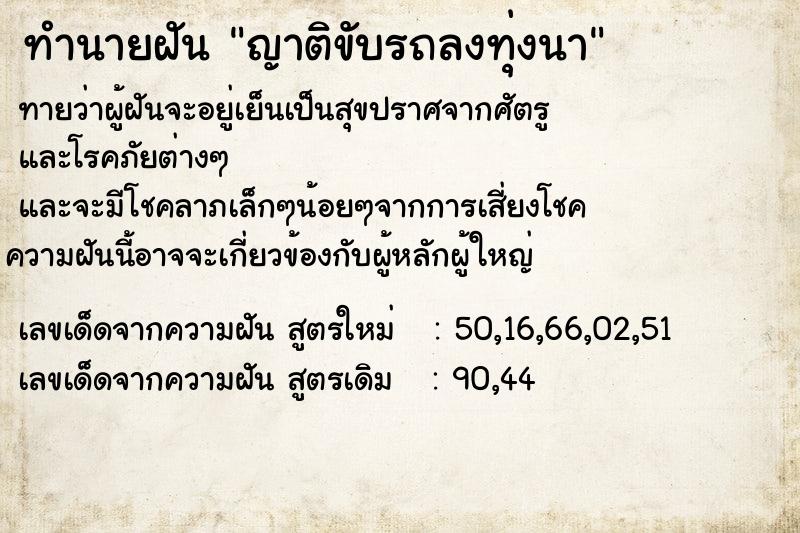 ทำนายฝันญาติขับรถลงทุ่งนา ทำนายฝันทำนายฝันญาติขับรถลงทุ่งนา